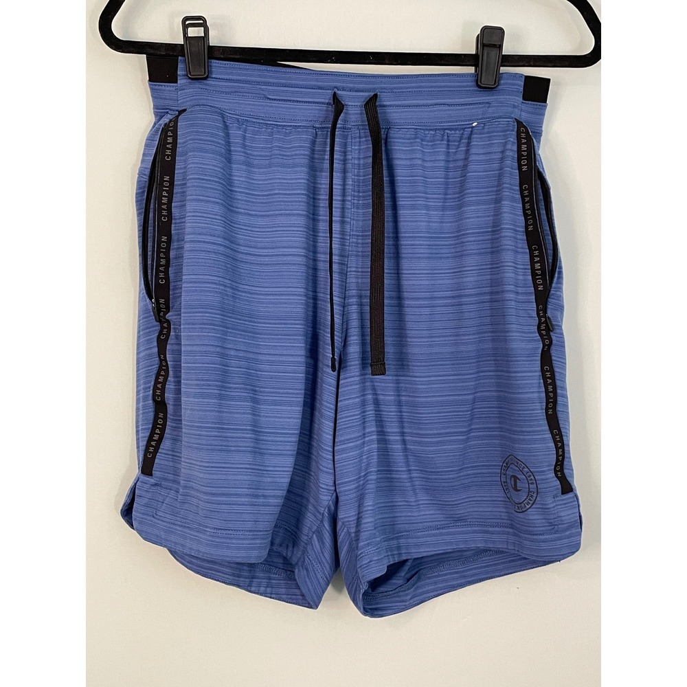Champion Mens Athletic Shorts Blue Striped Logo Stripe Zipper Pockets Size‎ M
